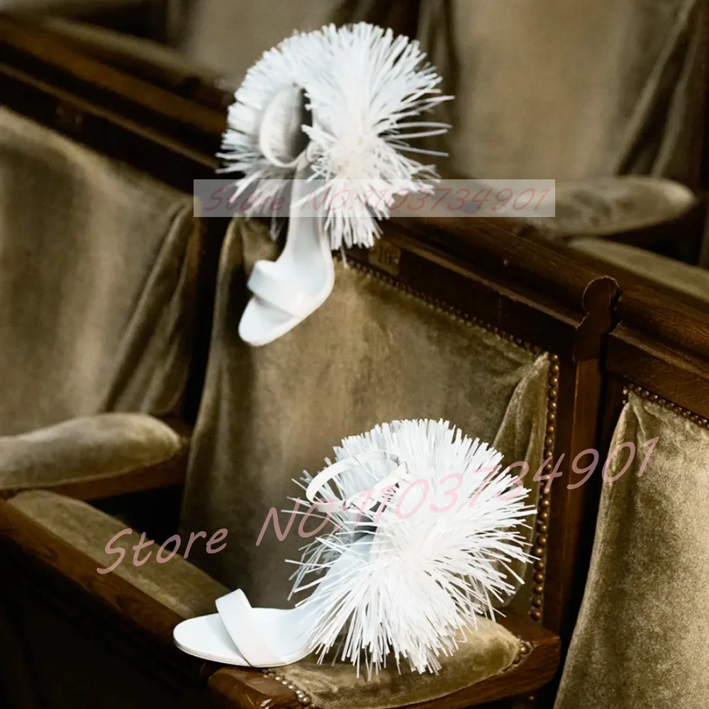 White Ruffles Fringe Cover Heels Sandals Women Ankle Strap Round Toe High Heels Sandals Elegant Wedding Summer Buckle Shoes view 2