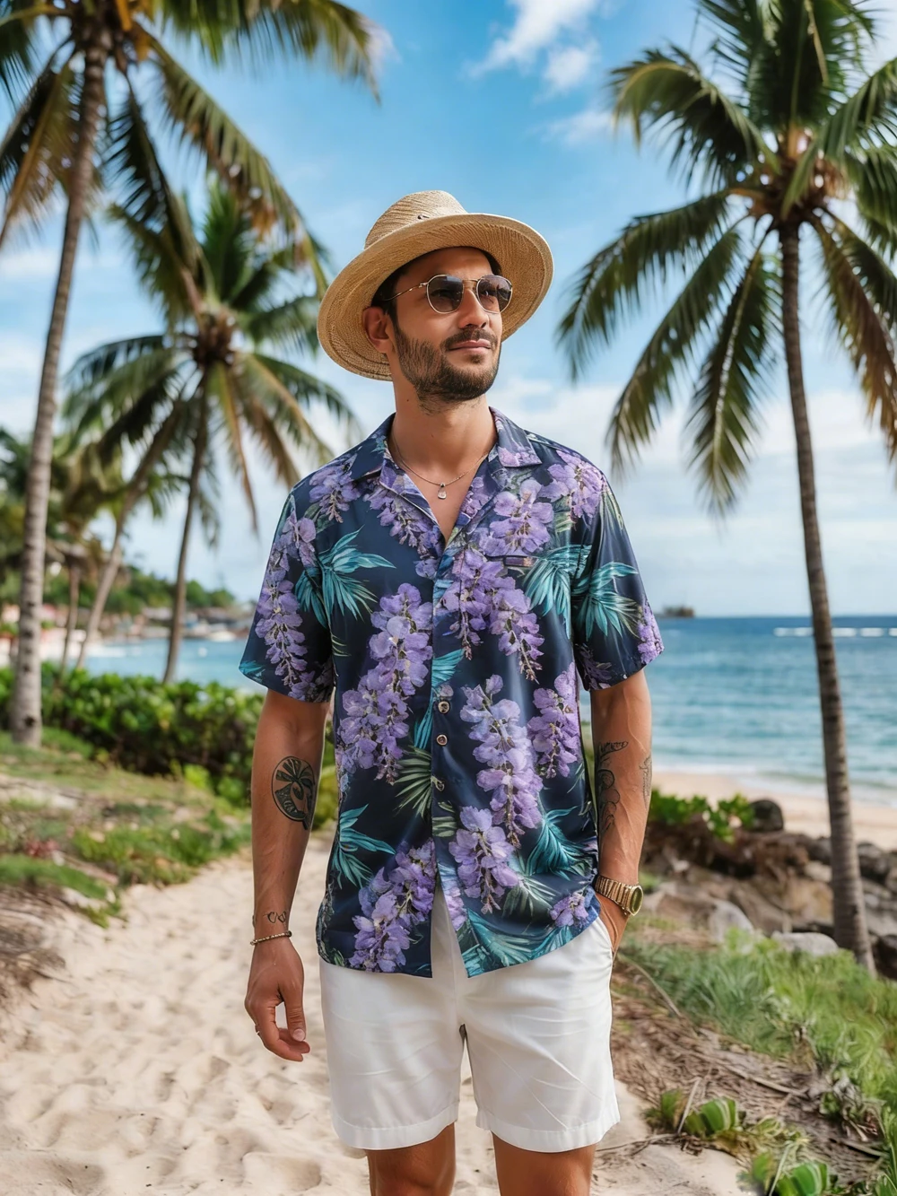 Men's Beach Short-Sleeve Collar Shirt with Natural Floral High-Definition Pattern Printed Shirt Hawaiian Vacation Men's Clothing