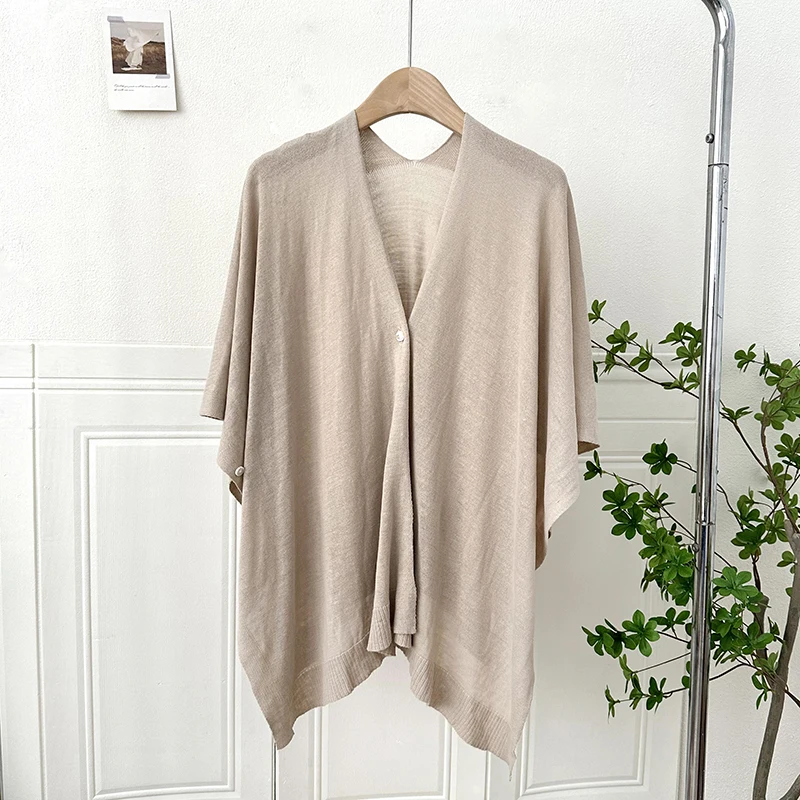 

Women's Sunscreen Poncho Shawl New Style Thin Summer Cape Pure Color Knitted Cardigan Versatile Cape Cloak for All Seasons P2