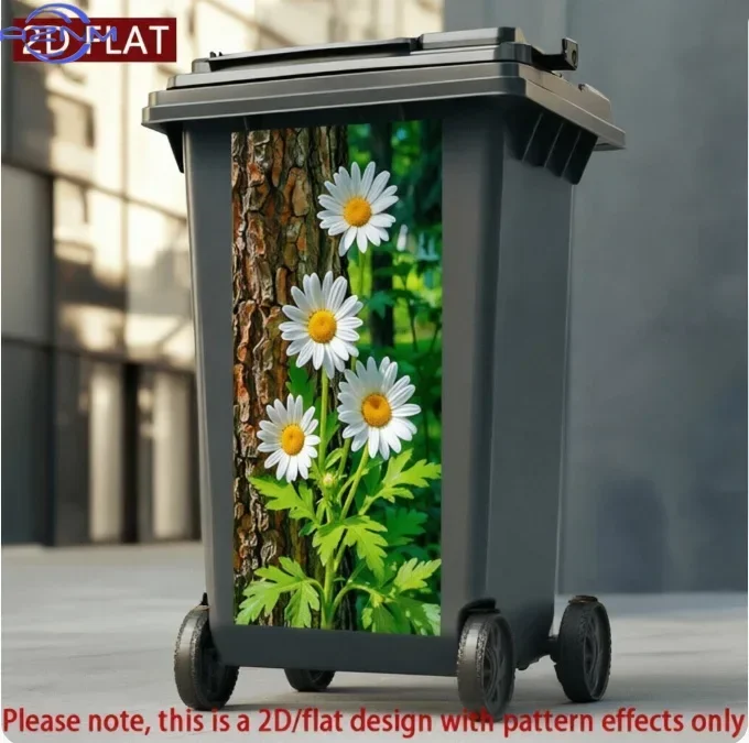 1Pc 2D Flat‑Printed Blooming Daisy Beside Tree Trash Can Sticker Suitable For Large Outdoor Sanitation Trash Cans