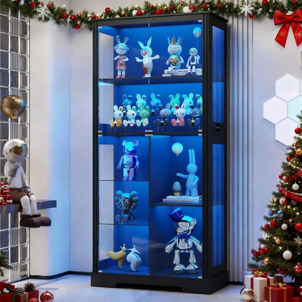 71 Illuminated Glass Curio Cabinet with 3-Color Sensor Lights, 7-Tier Adjustable Shelves, Ideal for Collectibles, Black