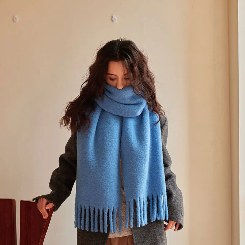 Iceland blue wool scarf women's winter high sense simple versatile fringed shawl autumn and winter thickened scarf