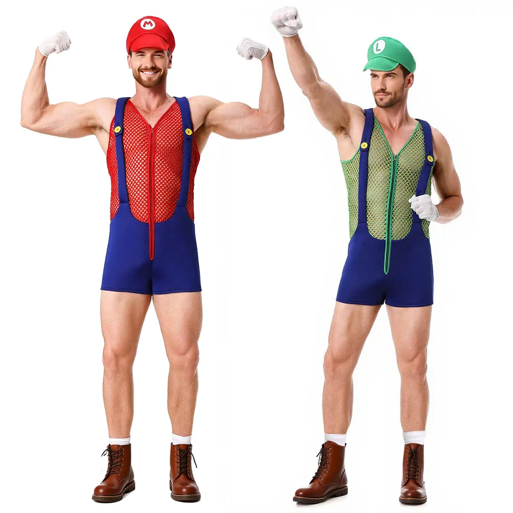 

loween Super Cosplay Overalls Men's orm Performance Suit Net Cloth Brother Outfit Stage Costume