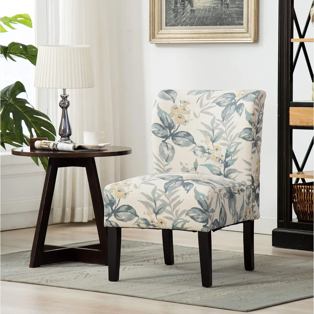 

Blue Leaves Print Fabric Armless Accent Chair, Contemporary Style
