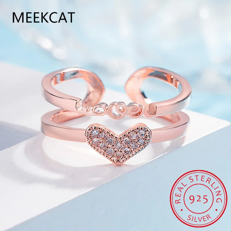 925 Sterling Silver Inlay Zircon Double Layer Heart Open Ring Bague anillos De Prata For Women Girl New Trend Jewelry Gift