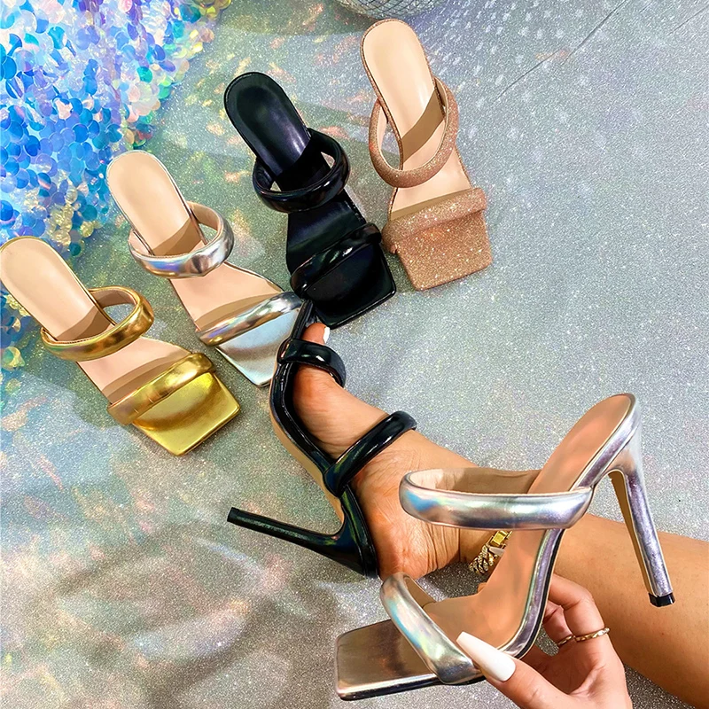 Kcenid Women's Pointed Toe High Heels Gold/Silver Narrow Band Slippers Summer Cozy Party Banquet Ladies Sandalias Plus Size 42