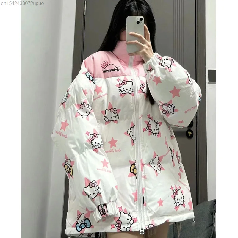 Casaco estrela rosa Hello Kitty para mulheres, jaquetas de algodão acolchoadas, top com zíper Harajuku, camisas fofas, roupas da moda Y2K, outono e inverno