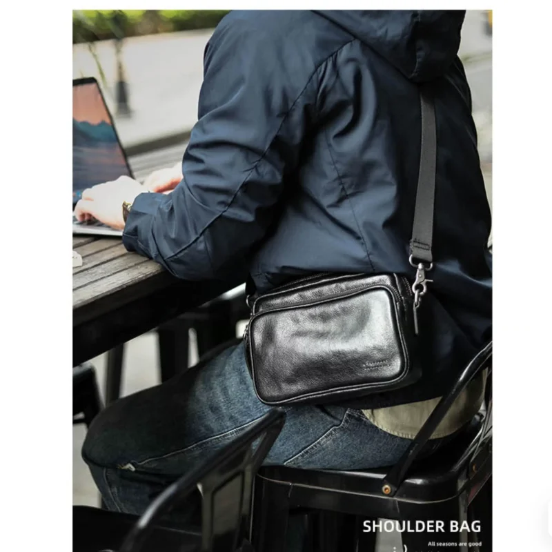 Men's Genuine Leather Square Crossbody Shoulder Bag Top Grain Cowhide Phone Bag Casual Backpack