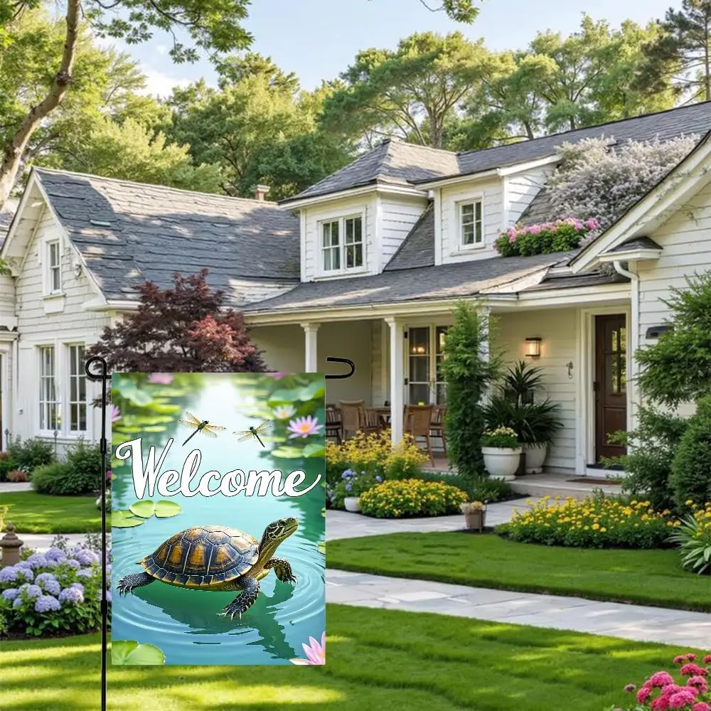 Turtle Garden Flag 12x18 in Pond Welcome Yard Porch Decor | Turtle garden flag with pond lily pads dragonfly and welcome des xxl