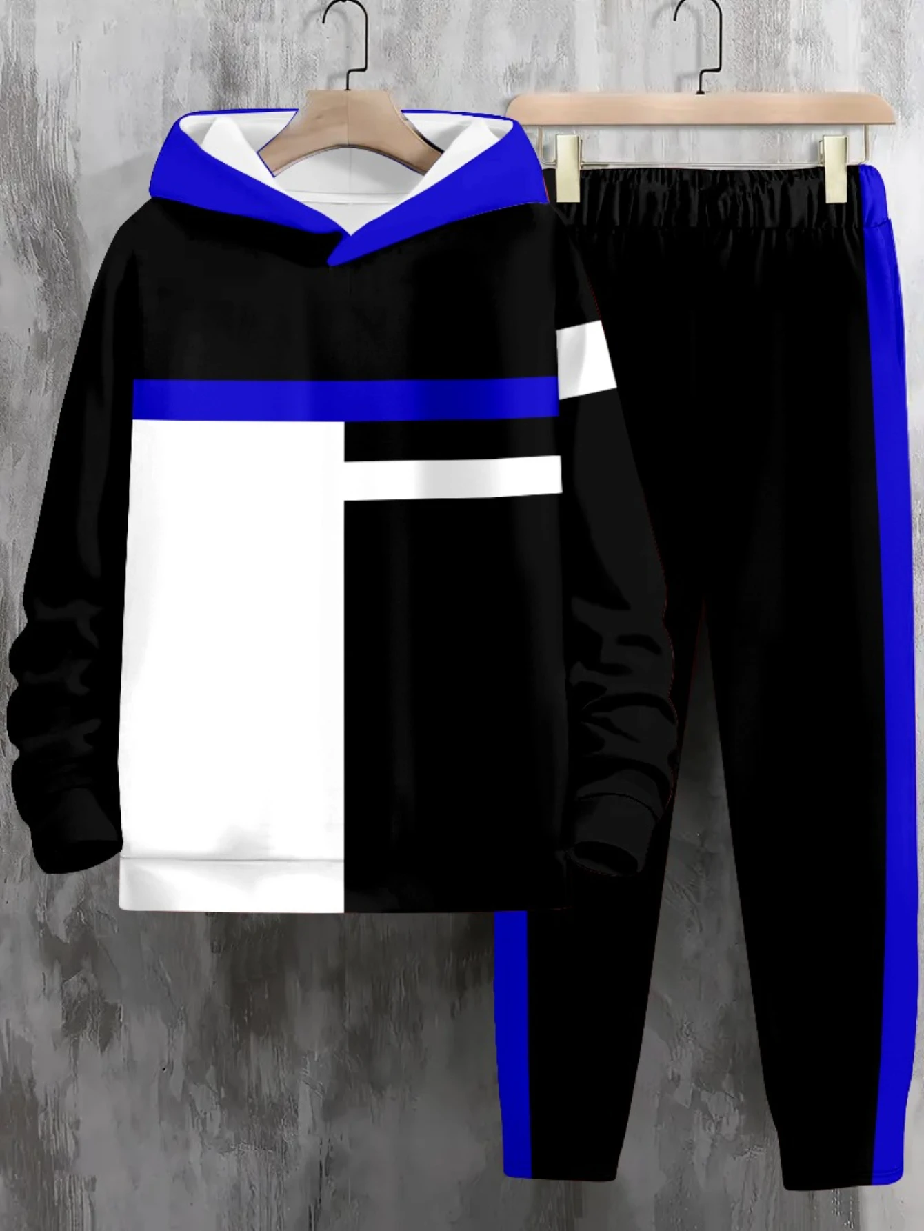 

Autumn and Winter Men Set Splicing Color Printed Pattern Hoodie Set Quick Drying and Comfortable Hoodies Pants Two Piece Set