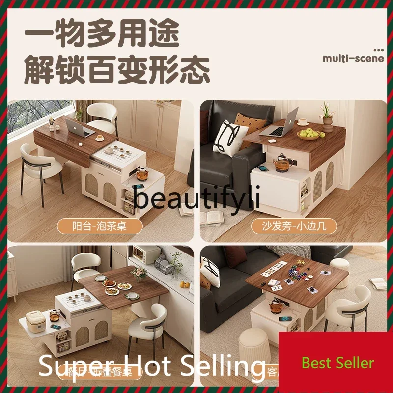 

Rock slab island tea table dining table integrated side cabinet small apartment movable retractable folding smart coffee table G