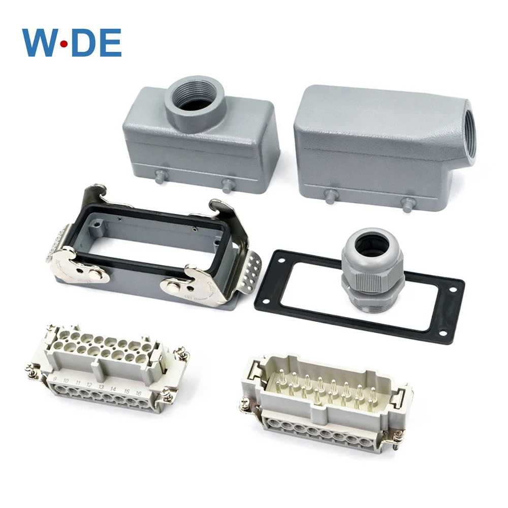 Rectangular Heavy Duty Connector HDC HE 16 Pins 500V 16A Contact Industrial Power Screw Plug Socket Side/Top Entry HDC-HE-16