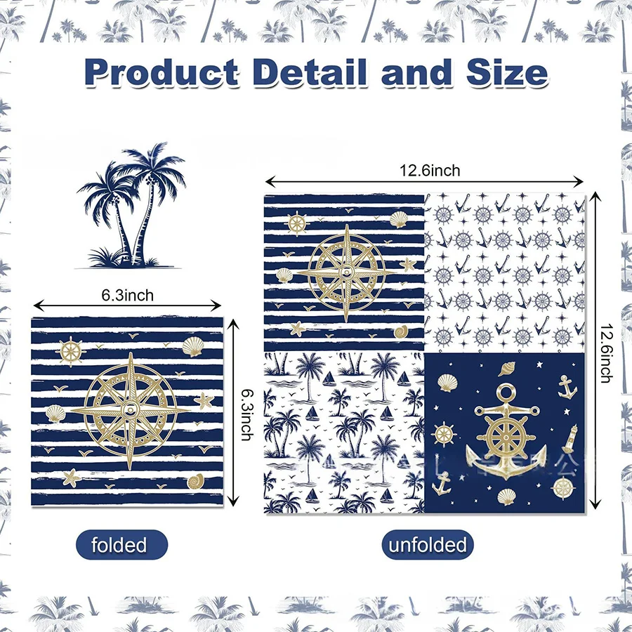 20Pcs Nautical Anchor Compass Palm Tree Paper Napkins Disposable Serviettes Coastal Beach Boys Party DIY Decoupage Table Tissue