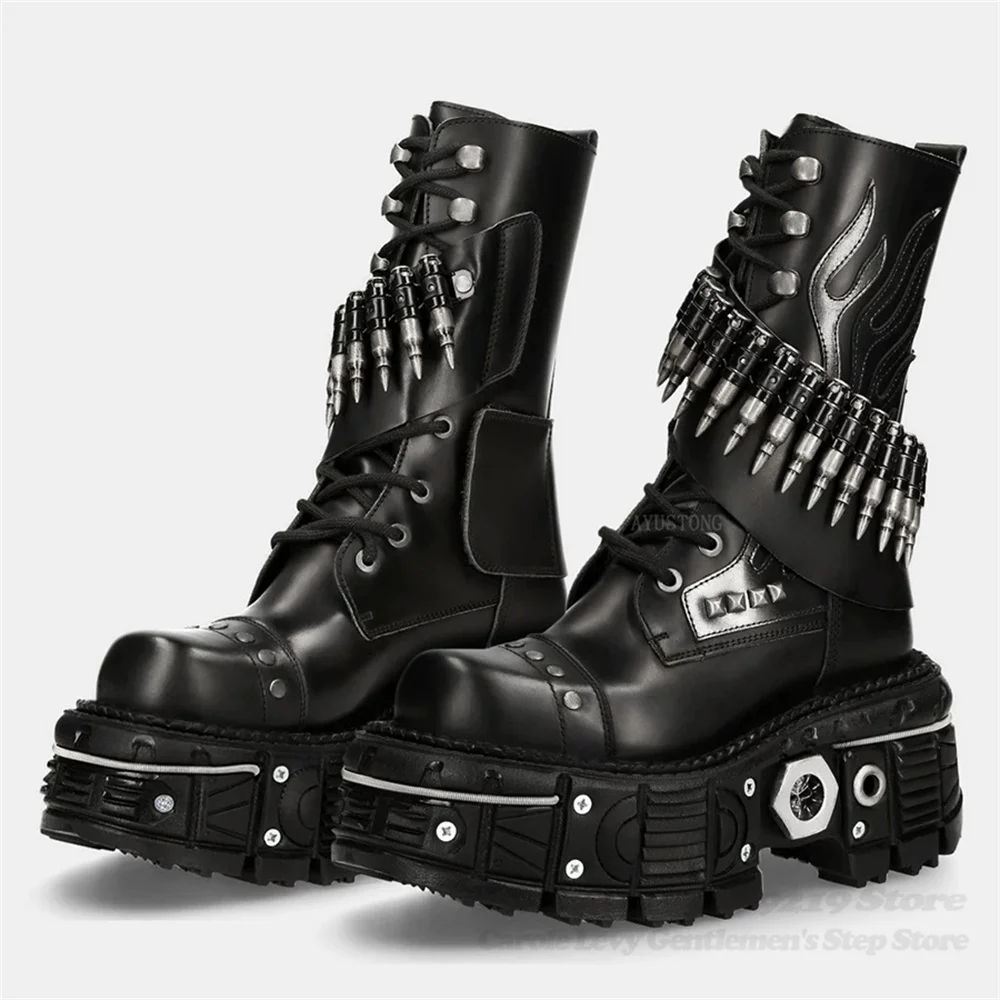 2026 New Platform Rivet Decor Motorcycle Boots Men Trendy Round Toe Punk Style Rock Lace Up Metal Thick Bottom Knight Boots