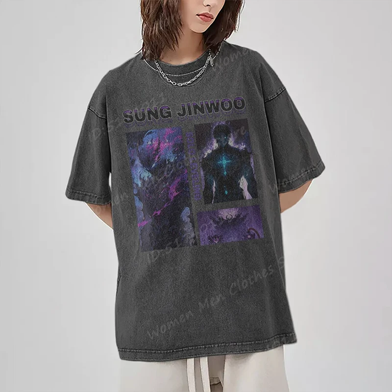 Anime Solo Leveling Print T-Shirts Women/Men Vintage Washed Cotton T Shirts Short Sleeve Round Neck Tee Shirt Casual Summer Tops