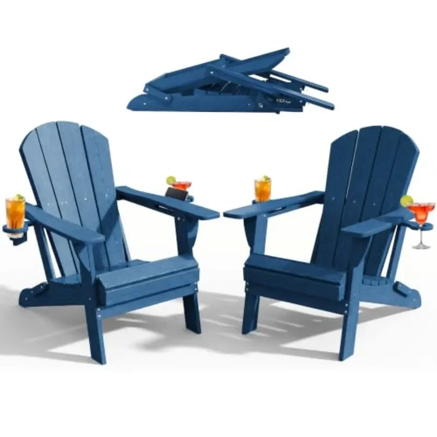 Outdoor folding Adirondack fire pit chairs set of 2, polywood material, charcoal gray, weather-resistant with integrated cup ho