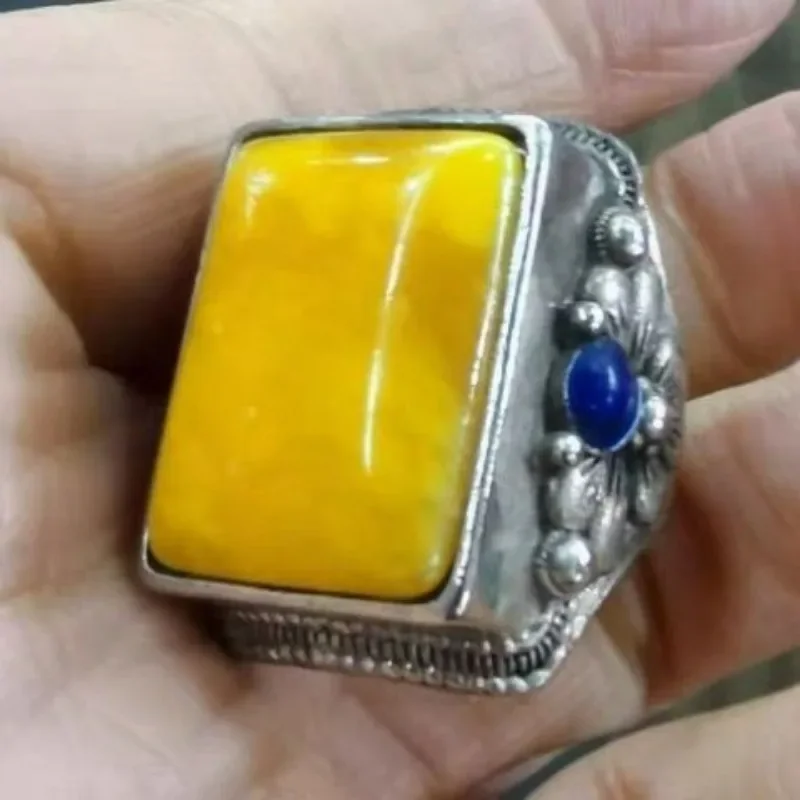 Antique Cloisonne Old Silver Ring, Square Beeswax Gem Inlay, Adjustable Thumb Ring Retro Statement Ornament for Men Women