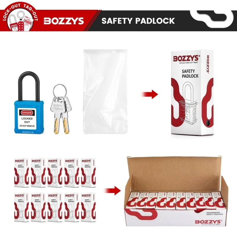 BOZZYS Blue LOTO Insulated Safety Padlock, Keyed Different, 2 Keys Per Lock, Non-Conductive Shackle for Electrical Maintenance