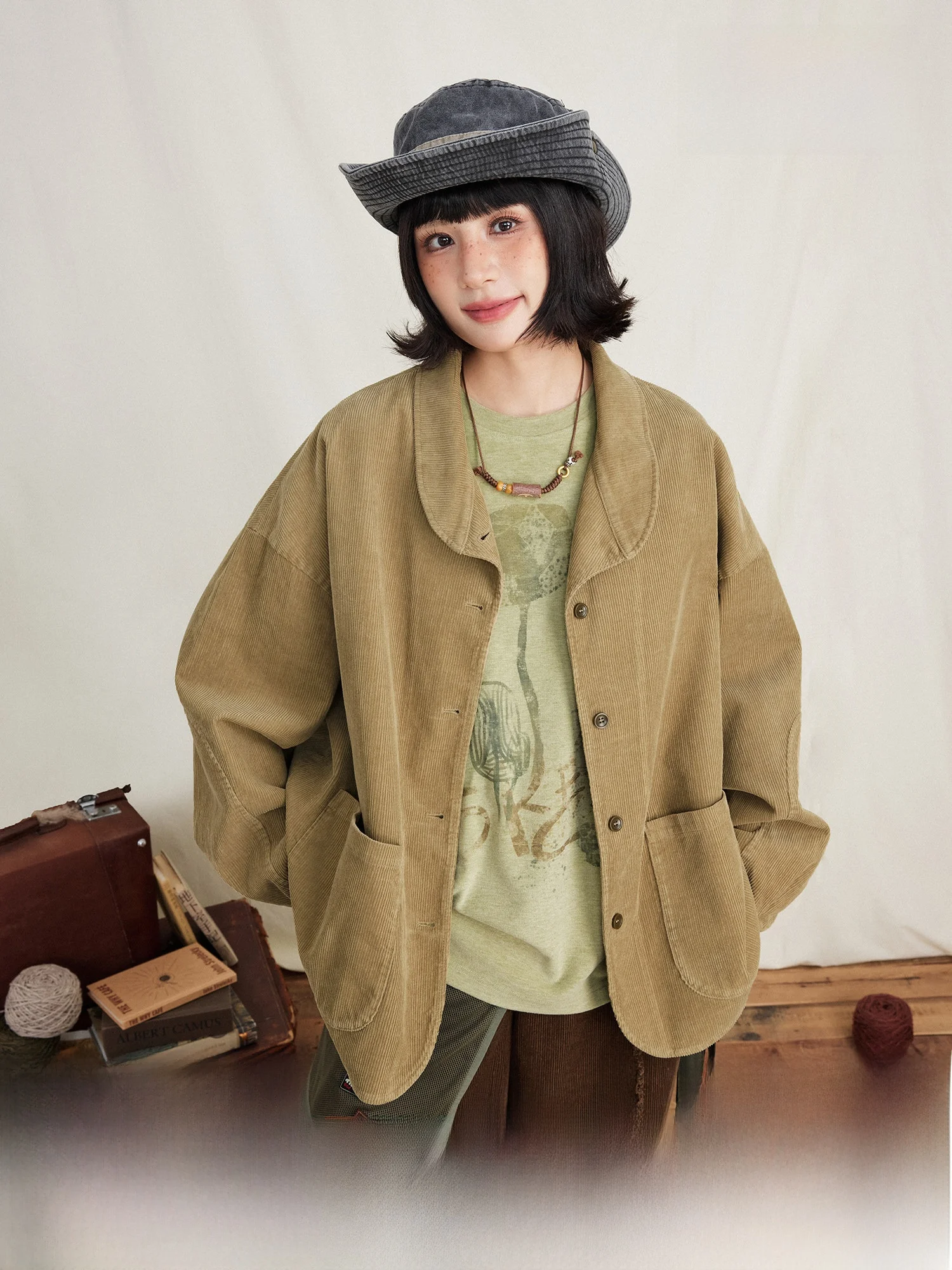 

Retro Street Waed Corduroy irt with Big kets Workwear Sle Women's ort Outerwear Breathable Long Sve Casual Coat