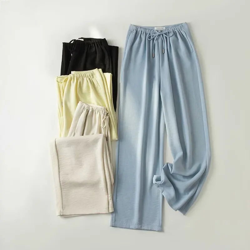 

Летние легкие драпированные дышащие брюки из смесового льна с защитой от сминания, на резинке, с высокой талией, прямые, широкие, женские, повседневные...