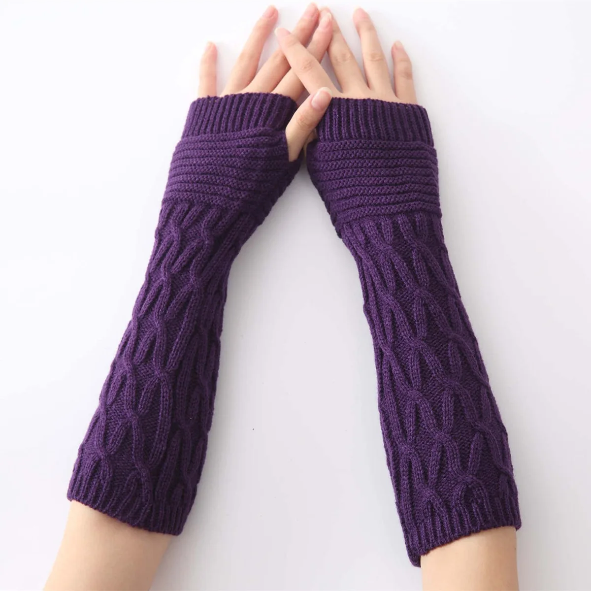 OVTRB Women Girl Arm Warmer Winter Autumn Crochet Arm Sleeve Knitted Mitten Thumb Hole Fingerless Glove Wrist Warmer