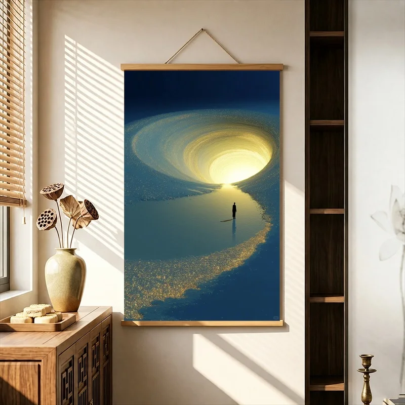 Wall Decorations Golden Path beneath a Glowing Celestial Orb, Modern Surreal Pearlescent Canvas Hanging Scroll for Zen Sanctuary