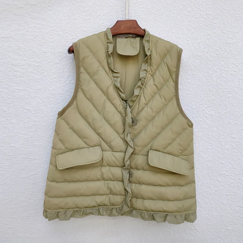 Winter V Neck Ruffles Down Waistcoat Jacket Women Light Thin White Duck Down Vest Warm Parkas Ladies Sleeveless Short Tank Coat