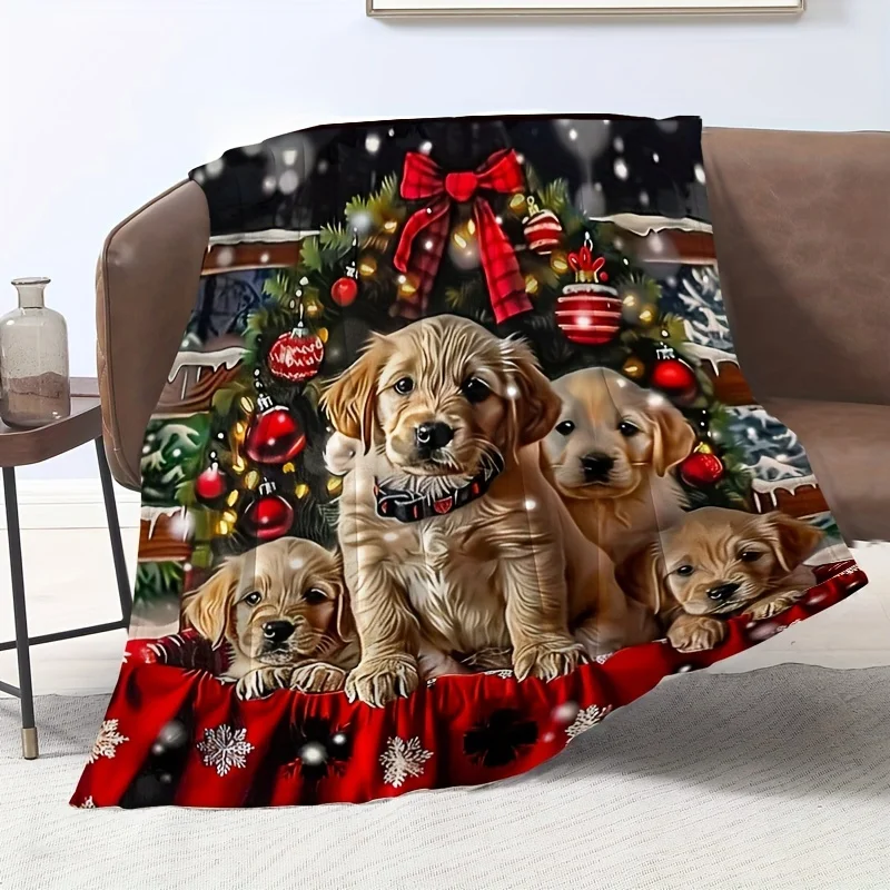 1pc Fluffy Throw Blanket, Christmas Golden Retriever Puppies Print, Warm Blanket for Sofa Bedroom, Camping Decor Gift