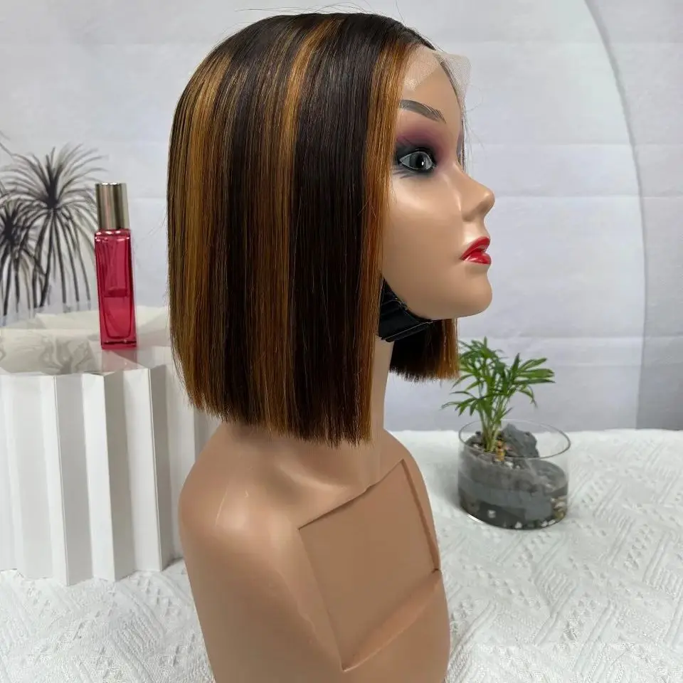 Short Bob Straight Highlight Brown Color 4X4 Transparent Lace Closure Human Hair Bob Wigs For Women 250% Density With 10Inch