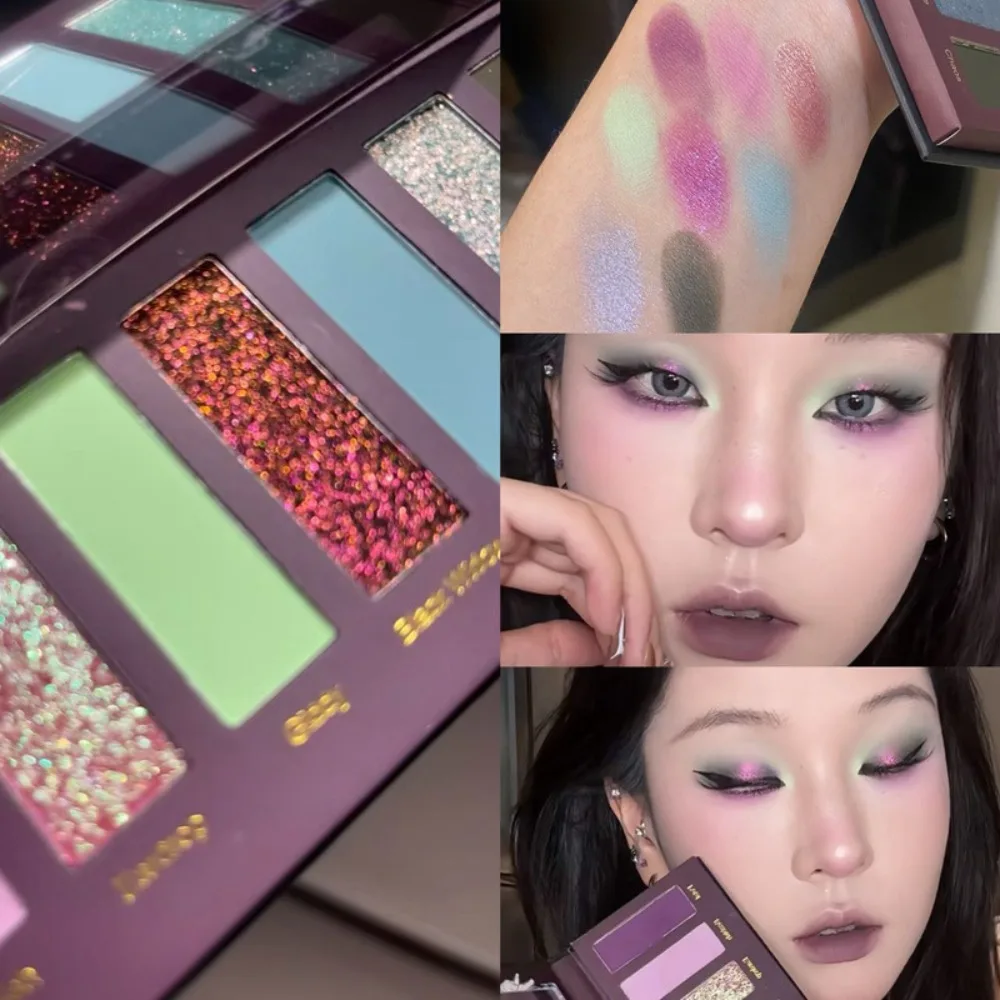 8-Color Smoked Green Eyeshadow Palette Metallic Blue Pearlescent Glitter Eye Shadow Plate Diamond Brightening Highlight Makeup