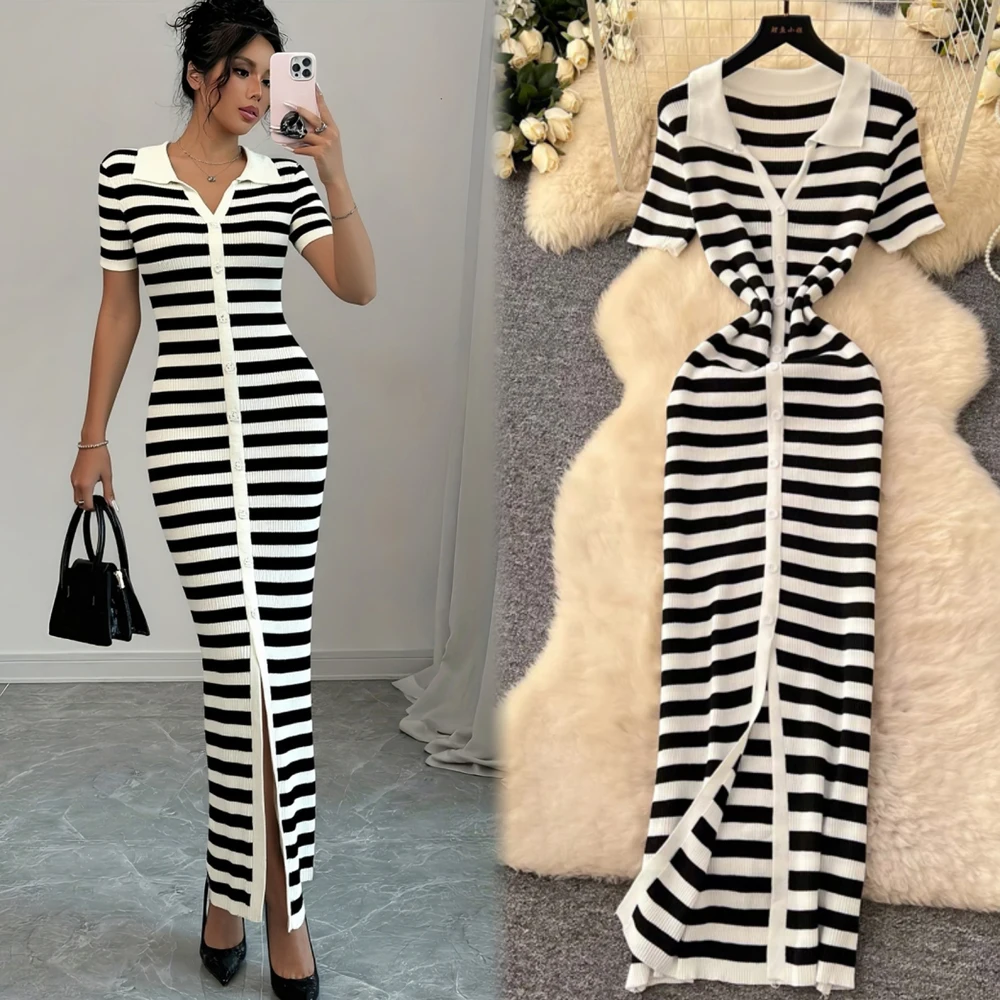 YuooMuoo Women Spring Summer Style Knitted Maxi Dress Lady Elegant Turn-down Collar Shirt Sweater Dress Wholesale Streetwear