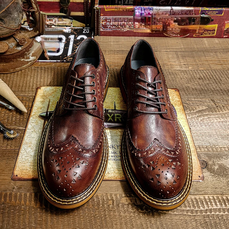 Vintage Men\'s Genuine Leather Brogues Dress Shoes Luxury Brand Handmade Fashion British Style Autumn Wedding Social Shoes Man