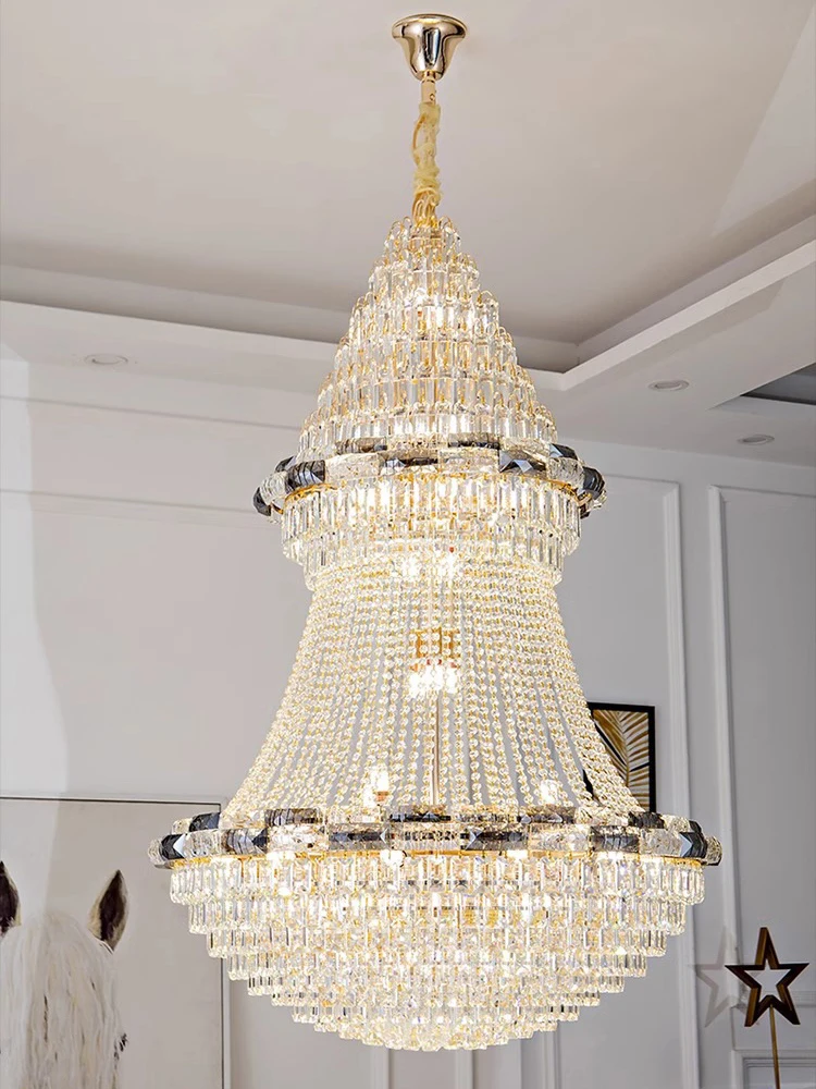 

Light Luxury Living Room Smoke Gray Crystal Chandelier Villa Hotel Duplex Hall Design Sense Artwork Gold Large Chandelier Hot