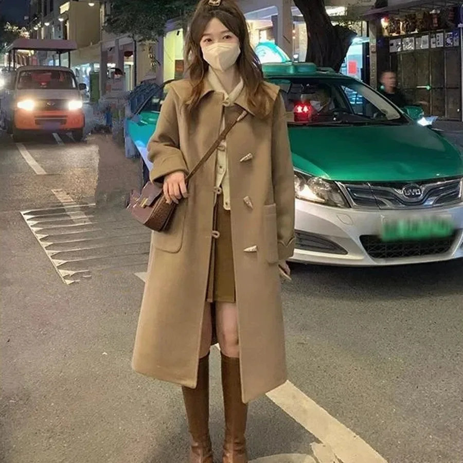 

Camel Colored Cashmere Coat, Women's Cowhide Button Double-sided Woolen Jacket