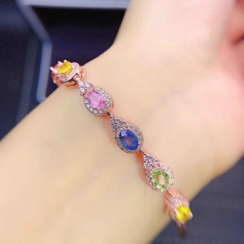 Real Natural Color Sapphire Bracelet Sterling Silver 925 Gem Bracelet Jewelry women's birthday party gift