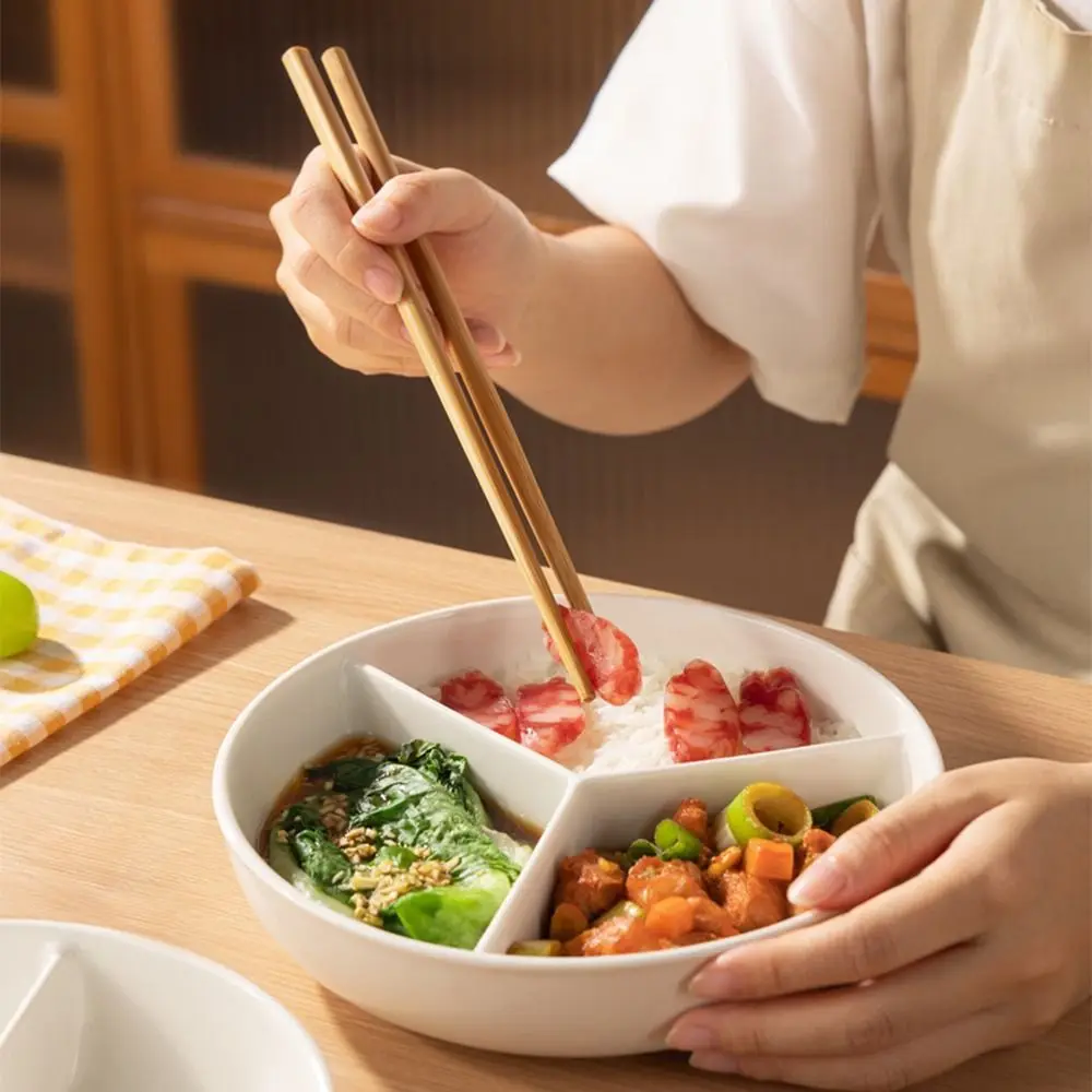 

3 Compartments Grid-shaped Dinner Plate Round Ceramic Divided Food Tray Durable Large Capacity Steamed Plate Household Use