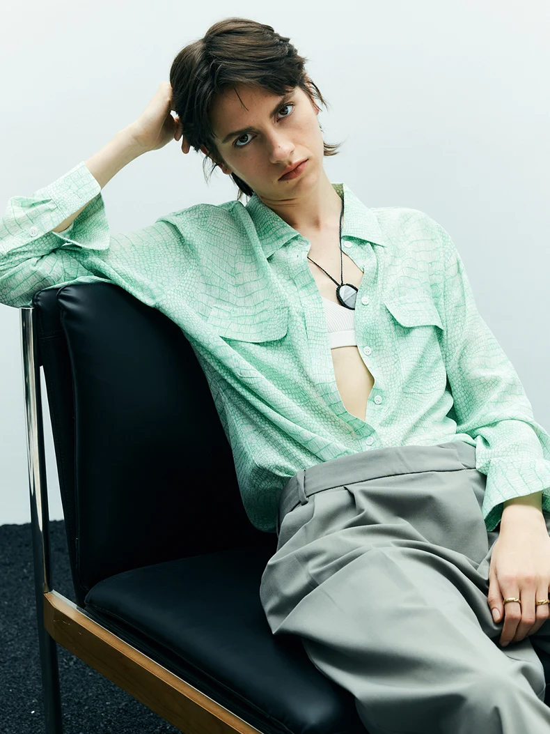 SuyaDream Woman Printed Shirts, 100%Silk Crepe, Chest pockets, Green Blouses, 2024 Spring Summer Office Lady Top