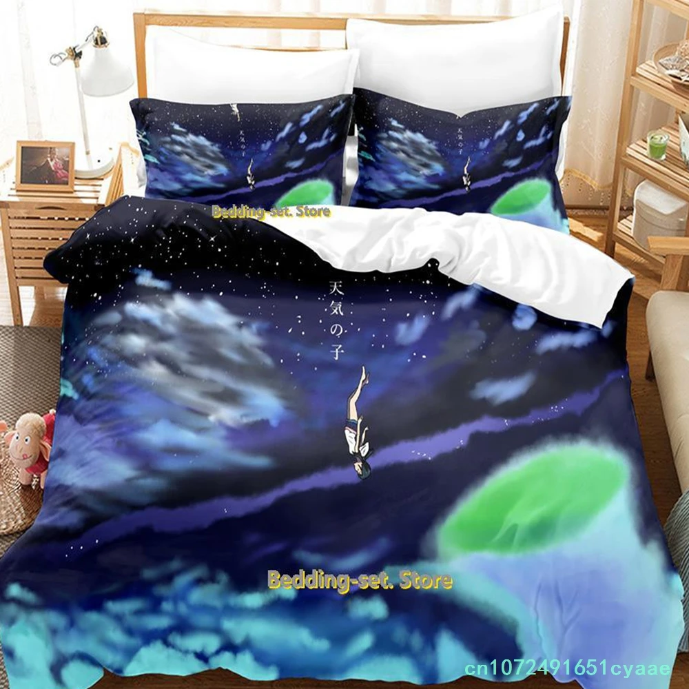 Weathering With You Bedding Set Cartoon Anime three-piece Set Adult Kid Bedroom Duvetcover Sets 3D Kawaii Girls Ropa Cama