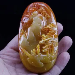 Chinese Antique Huanglong Jade Carving with Landscape Pattern Waist Tag Statue