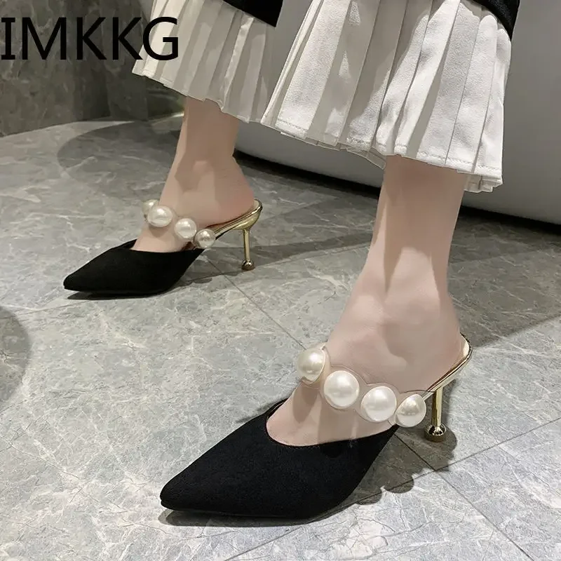 Pearl Black Sandals Women Summer Autumn Shoes Woman Thin Heels 2020 Womens Outdoor High Heels Woman mules