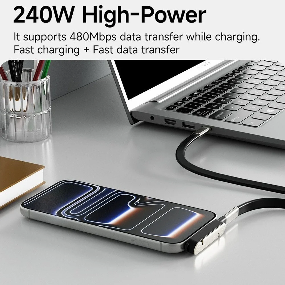 2-in-1 USB C Fast Charging Phone Cable with Foldable Phone Holder Stand 240W PD Detachable Data Cord for iPhone Samsung Xiaomi