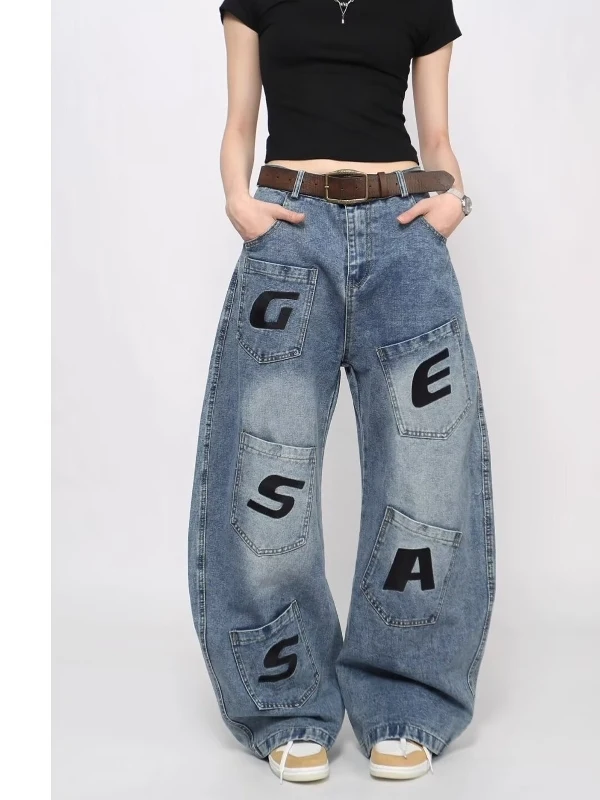 

Retro American Waed Letter Print Wide Leg Multi ket Workwear Jeans High Street Trend Loose Fit Cotton Polyester Blend
