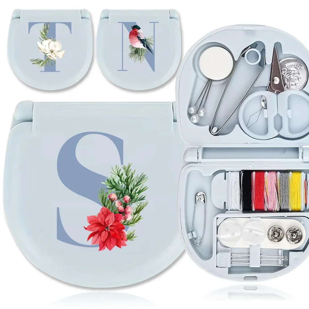 

Sewing Set Box Needle Thread Case DIY Organizer Button Pin Storage Portable Outdoor Kit Stitching Tool Bag Blue Letter Pattern