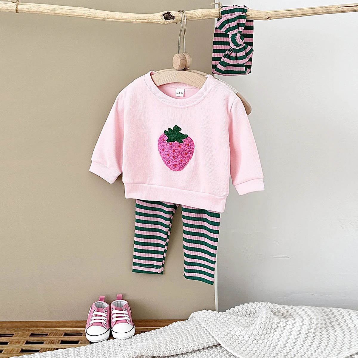 Baby Girls' Strawberry Pullover Top Set, calças de algodão, lenço listrado, leggings quentes, terno infantil, roupas de outono, 0 a 3Y