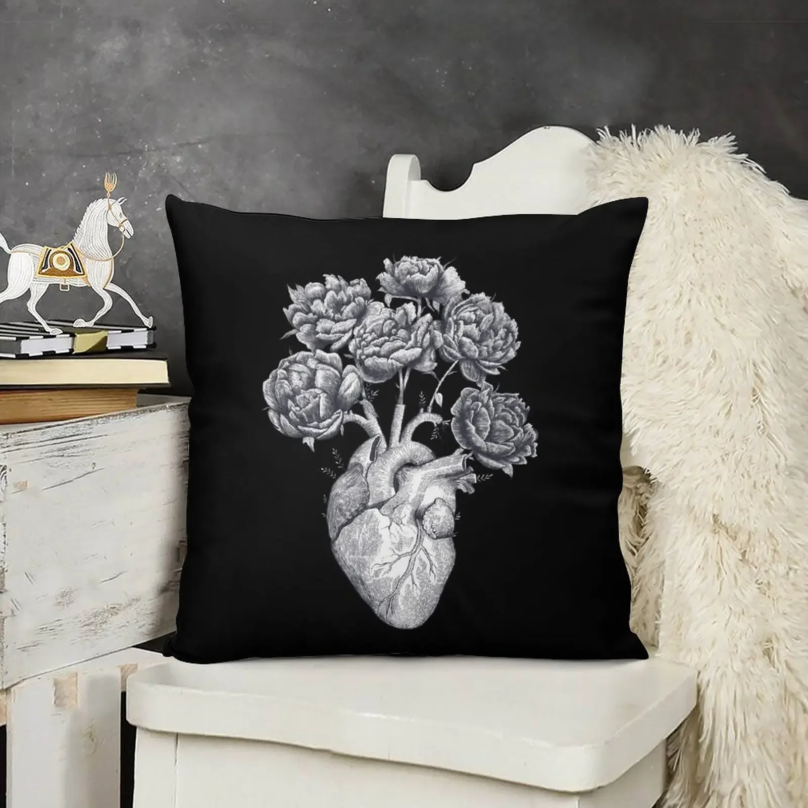 

Heart with peonies B&W on black Throw Pillow Pillowcases Bed Cushions Cushions Cover pillow