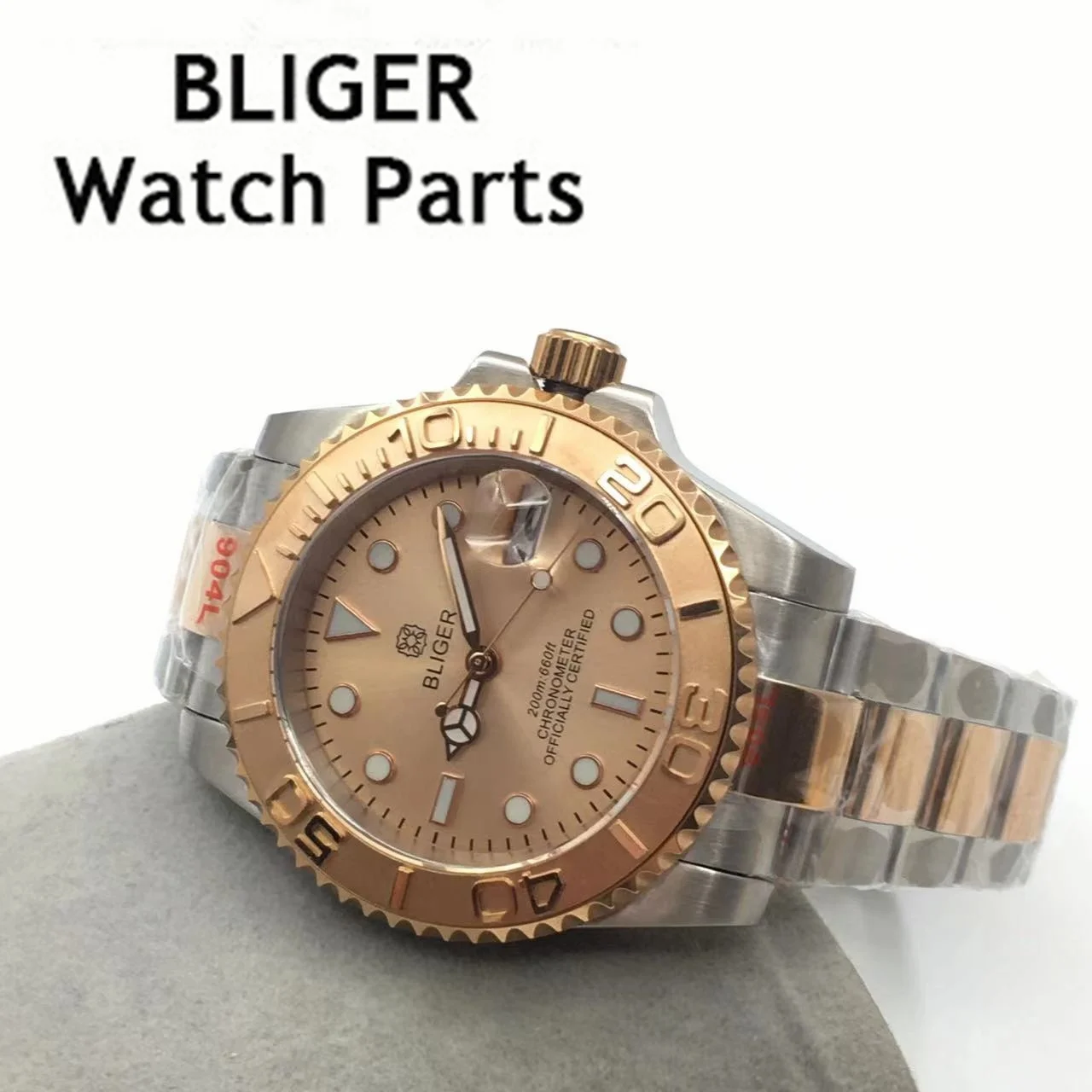 BLIGER 40mm Mechanical Men Watch Sapphire Glass NH35 Movement Rose Gold Dial Steel Bracelet Ceramic Bezel