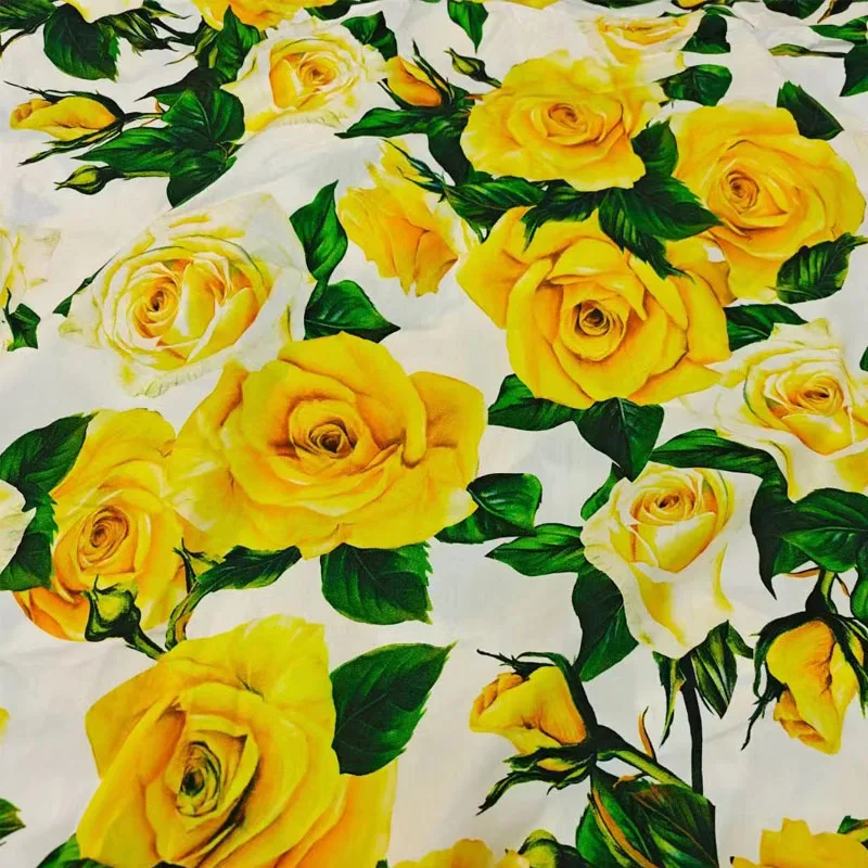 2024 Europe and America Yellow Rose Flower  Printed Cotton Or Chiffon Fabric For Women Summer Dress Blouse DIY Cloth Sewing