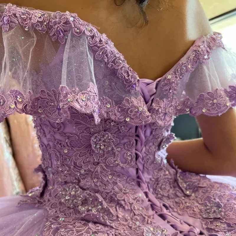 Customized Sequins Lavender Quinceanera Dress 2024 Off Shoulder Applique Lace Beading Sweet 16 Vestidos De 15 Años YQD560