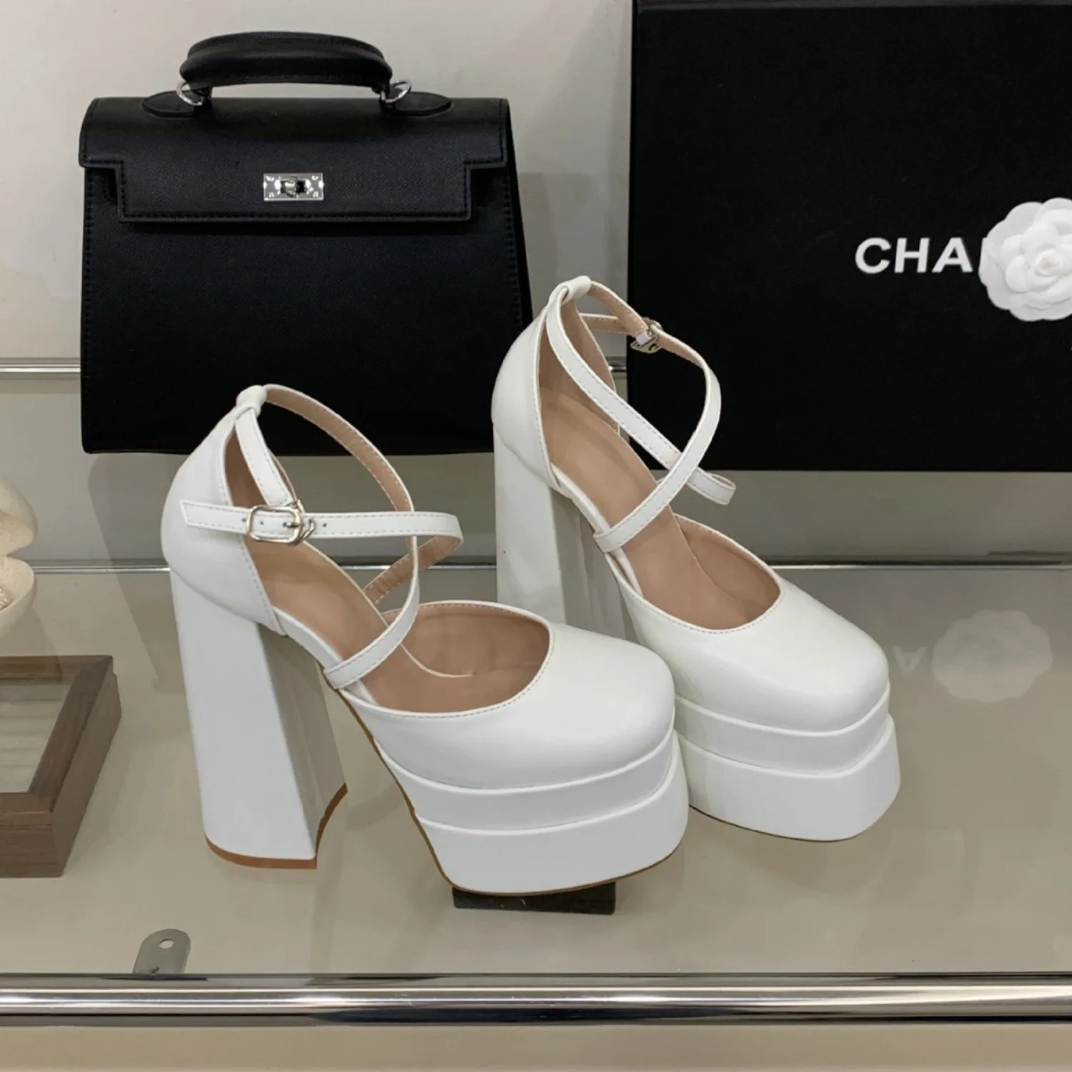 

2026 Summer Women Satin Platform Sandals, Square Toe Cutout Block Heel Super High Heels for Fashion Show Party Occasions