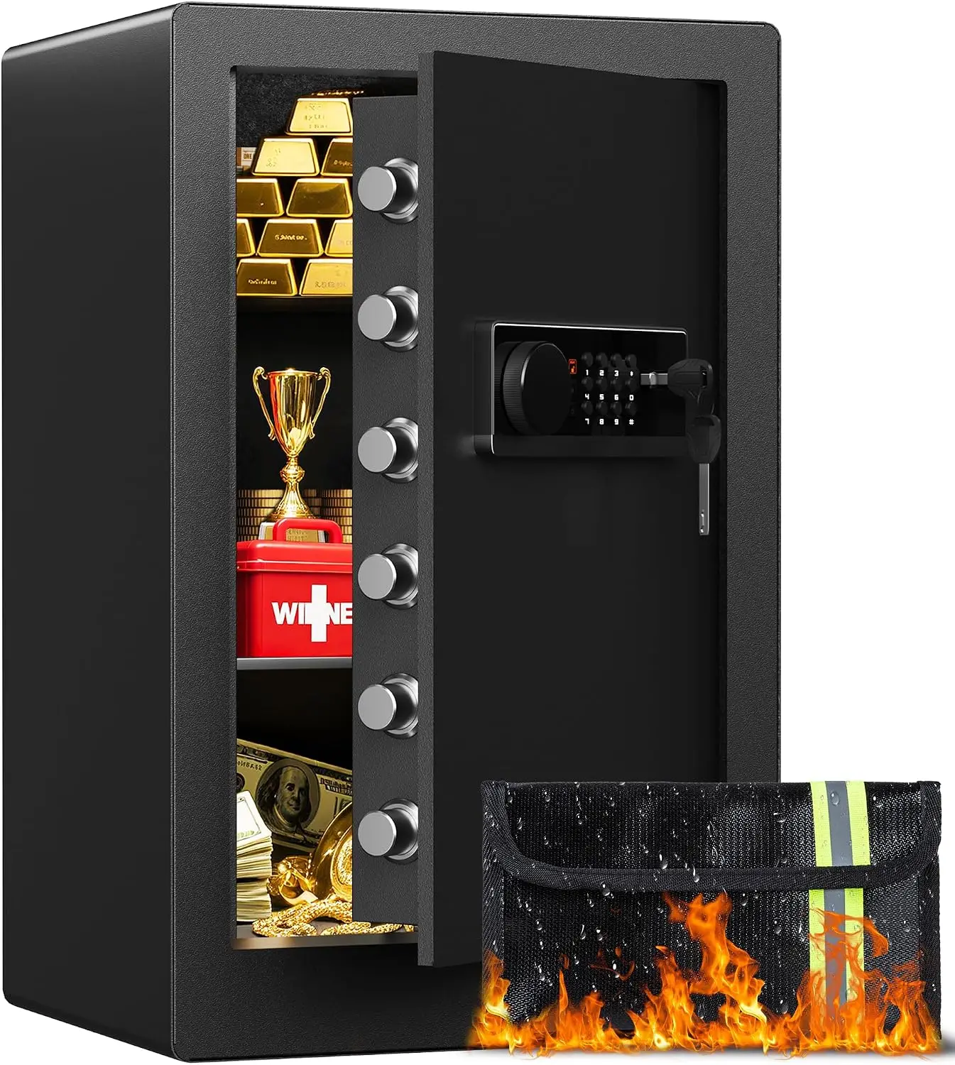 Large Steel Safe Box 3.0 Cuft for Home with LED Light, 6 Locking Bolts Electronic Safe Fireproof with Removable Shelves & Smart